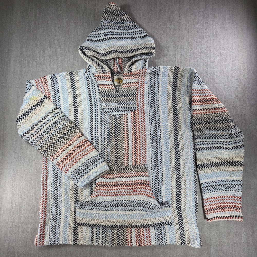 Earth Ragz Baja Hoodie Women XL Blue Striped Woven Pullover Mexican Poncho